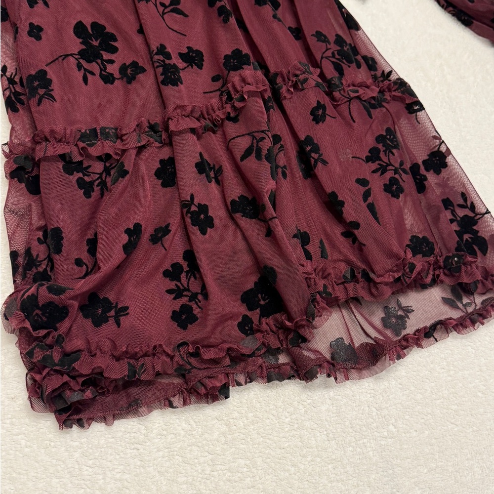 NWT Women Juniors Burgundy Floral Chiffon Dress Romantic Dreamy Sheer Size 7/8 - Picture 10 of 14